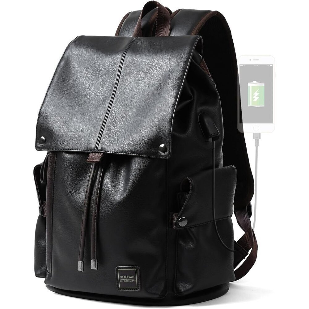 ✨Black Laptop Travel Backpack PU Leather Water-Resistant Casual Laptop Backpack